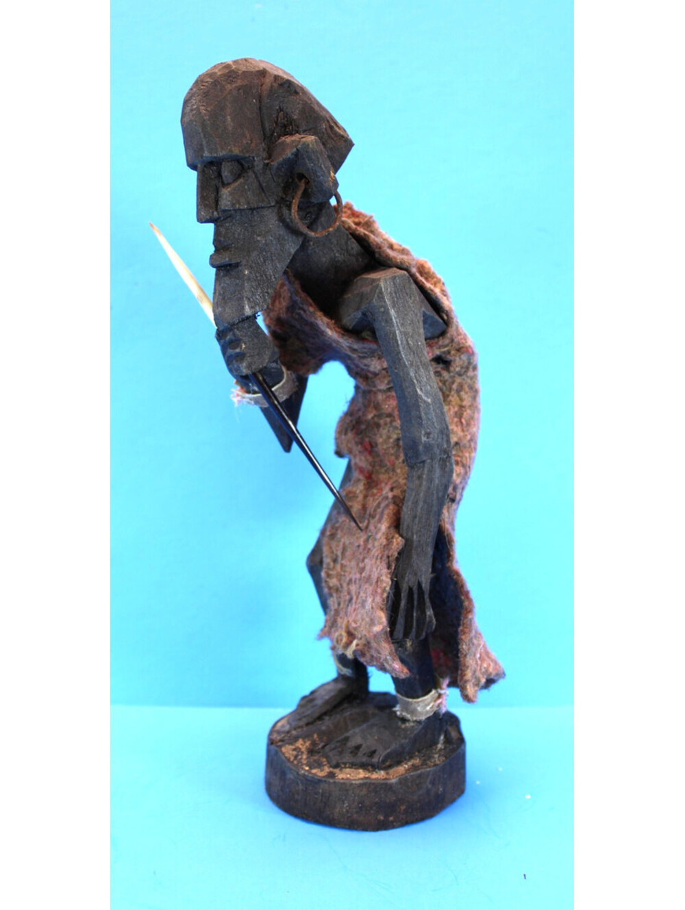 Vtg African Tribal Handcarved Wood Sculpture Warrior w Spear Wool Cloak 11"